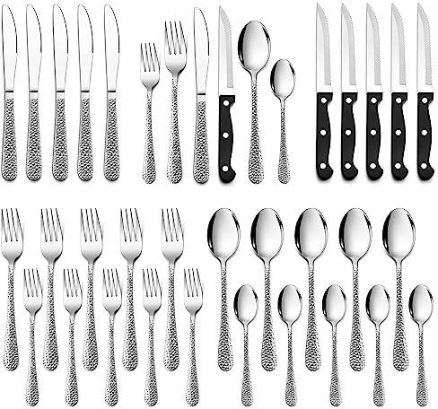 HaWare - Set di posate in acciaio inox, 36 pezzi, con coltello da bistecca per 6 persone, moderno set di posate con manico a martello, forchetta, cucchiaio per la casa/ristorante, lavabile in