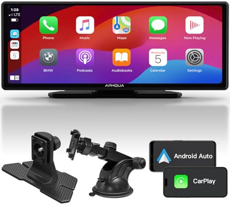 APHQUA Kabelloses CarPlay Display für Apple CarPlay und Android Auto, 9,3 Zoll tragbarer lichtempfindlicher Touchscreen, digitaler Media Receiver mit GPS-Navigation, Siri, MirrorLink/Siri/FM