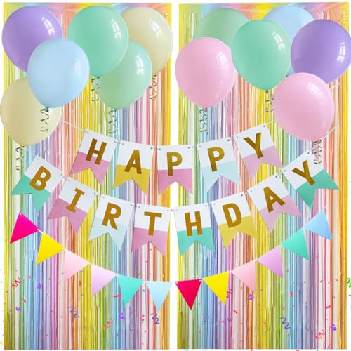 Pastel Birthday Party Decoration Backdrop,Pastel Tinsel Curtain,Balloons, Happy Birthday Banner and Buning for Spring Pink Birthday ,Baby Shower Ice Cream Party Decorations for Girls and Women