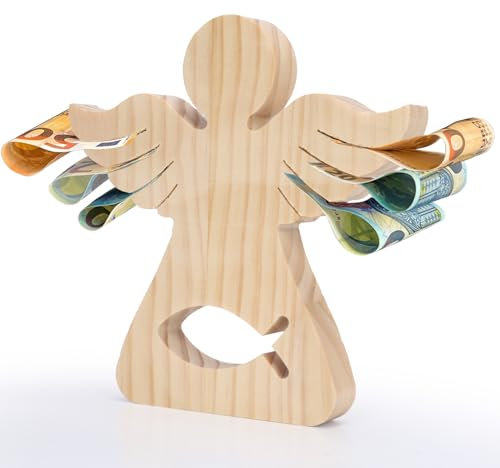 LAMEK Holzengel mit Fisch Holz Schutzengel Geldgeschenk Mädchen Jungen Engel Holzfiguren Glücksengel Figur Gastgeschenk Geschenk für Firmung Taufe Kommunion Konfirmation