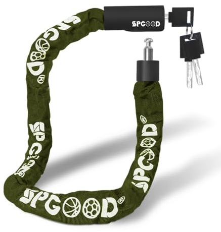 SPGOOD Candado para bicicleta con 3 llaves, 90 cm de cadena de acero de 6 mm, candado para bicicleta con cubierta impermeable, candado antirrobo de alta seguridad para bicicleta (Oliva Verde)