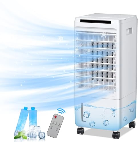 ARTETHYS Portable Air Conditioner Cooler with Remote Control, 7L Evaporative Air Cooler Fan with 3 Speeds, Humidifier, 2 Ice Packs, 7H Timer Swivel for Bedroom Home Office