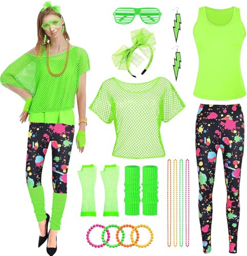 CHMMY 80-tals outfit dam – nättröja, väst, leggings, tillbehör, benvärmare, armband, halsband, pannband, örhängen, glasögon, handskar för karneval, 90-tals temafest, neonfest