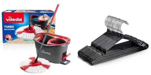 Vileda Turbo Microfibre Mop And Bucket Set, Spin Mop For Cleaning Floors, Set Of 1x Mop And 1x Bucke & KEPLIN 20 Pack Premium Rubber Coated Metal Hangers - Heavy DutY