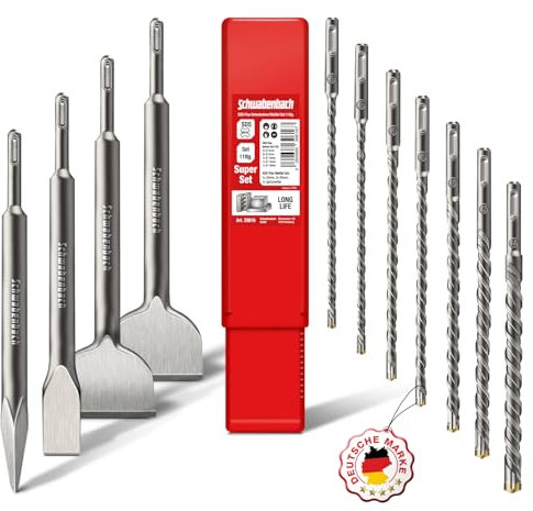 SCHWABENBACH ® SDS PLUS Bohrer- und Meißel-Set 11tlg 7x Betonbohrer 6-14 mm + 4x Meißel Kompatibel mit Bosch Hilti - Extrem robust - Premium Qualität für Bohrhammer & Schlagbohrmaschine (kein SDS MAX)
