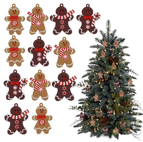 Lot de 12 décorations de sapin de Noël en pain d'épice - Charmantes figurines en pain d'épice et sucres d'orge - Pour décoration de Noël festive - Parfait pour votre sapin de Noël
