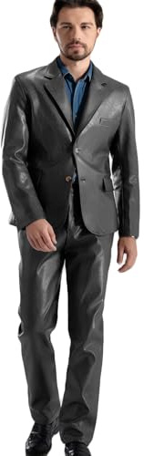 ORBITRAY Men's PU Leather Suit 2 Piece Leather Dress Suit for Men Prom Party Shwal Lapel Two Button Black