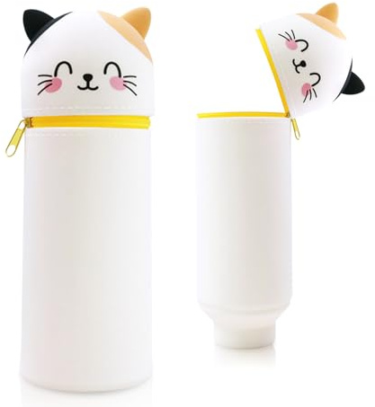 Trousse à Crayons en Silicone Souple 2 en 1 Motif Animal (Chat à Pois Souriant) - Porte-Stylos pour l'École et le Bureau