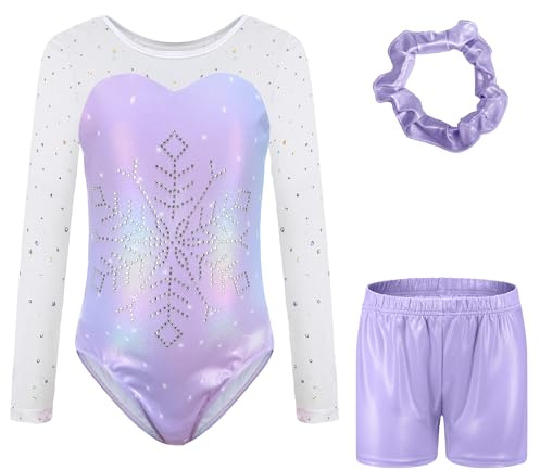Sinoeem Justaucorps de Gymnastique avec Short et Bandeau pour Filles Trois Pièces Maillots de Gymnastique Manches Longues/sans Manches Ballet Dancewear (Volet, 5-6 ans)