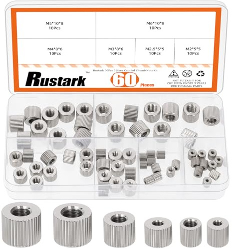 Rustark 60Pcs 6 Sizes Carbon Steel Knurled Thumb Nuts Assortment Kit Female Thread Knurled Nuts Hand Tighten Knob Fasteners Screw Cap for Mechanical Equipment Furniture
