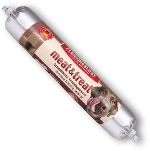 Fleischeslust Hundewurst, Meat&Treat Büffel (12x80g), schnittfeste Trainingswurst, Hundesnack, Leckerli für Hunde