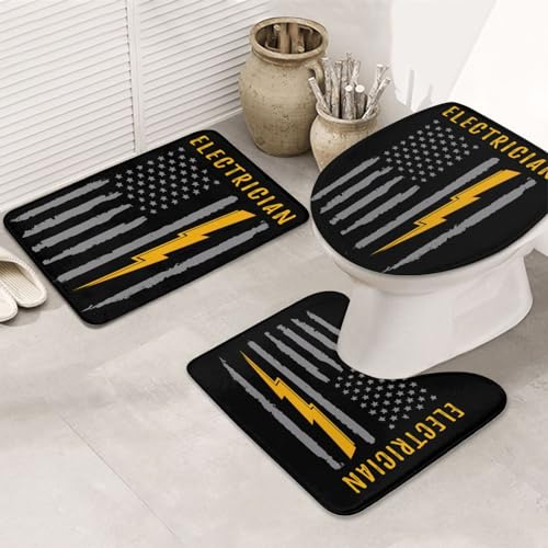 3 Piezas Juego De Alfombra De Baño Electricista Bandera De EE. UU. Electricista Estadounidense Juego De Alfombrillas De Baño Absorbentes Alfombras De Cama, para Dormitorio, Cocina, Bathroom