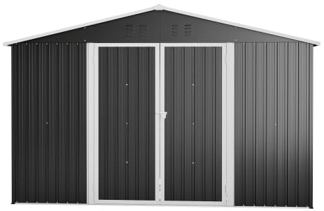 Trädgårdshus, utrustningshus, metall, cykelgarage – XXXL 300 x 252 cm stålträdgårdshus med sadeltak, väderbeständig, trädgårdsskjul svart för cyklar och verktyg