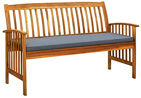 Ziaphsol trädgårdsbänk med kudde av massivt akaciaträ, 147 cm, oljad träbänk med armstöd, väderbeständig för terrass, balkong och veranda, mörkgrå kudde för avslappnat sittande