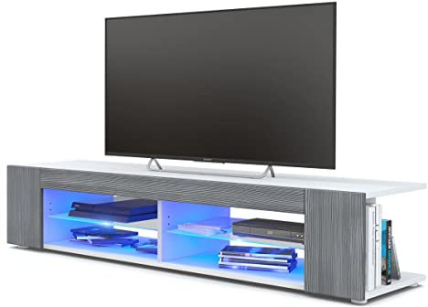 Vladon Lowboard Movie, TV-Kommode mit 4 offenen Fächern und Zierleisten, Weiß matt/Avola-Anthrazit, inkl. LED-Beleuchtung blau (134 x 29 x 39 cm)