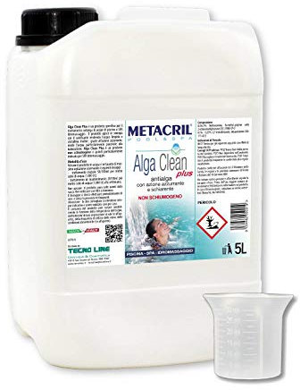 Metacril Alga Clean Plus + Bicchierino Dosatore Graduato, Elimina le Alghe, Non Schiumogeno, Azzurrante e Schiarente, per Piscina e Spa Idromassaggio - 5 LT