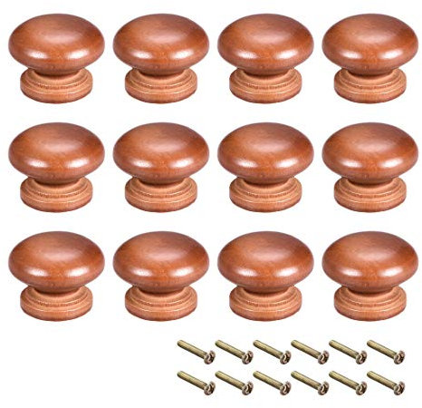 sourcing map Round Wood Knobs,12Pcs 35mm Dia Cabinet Furniture Kitchen Pulls Handles for Dresser Drawer Wardrobe, Dark Red