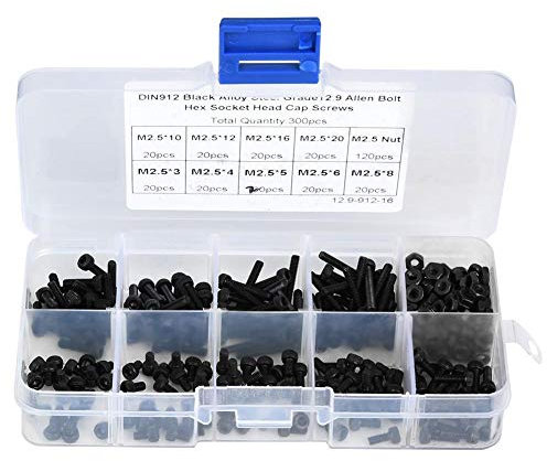 Juego de tornillos de cabeza hexagonal, 300 piezas M2.5 x 3-20 mm 12.9 Grado Acero de aleación negro Tornillo de cabeza hexagonal Tornillo con tuerca