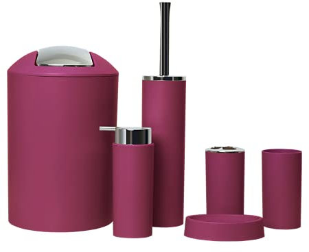 GMMH – Set di 6 accessori da bagno, con dispenser per sapone, porta saponetta e scopino per WC (modello 2a, bordeaux)