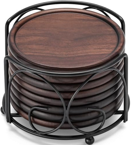 Wood Coasters Set of 8 with Metal Holder, 100% Wooden Coasters for Drinks