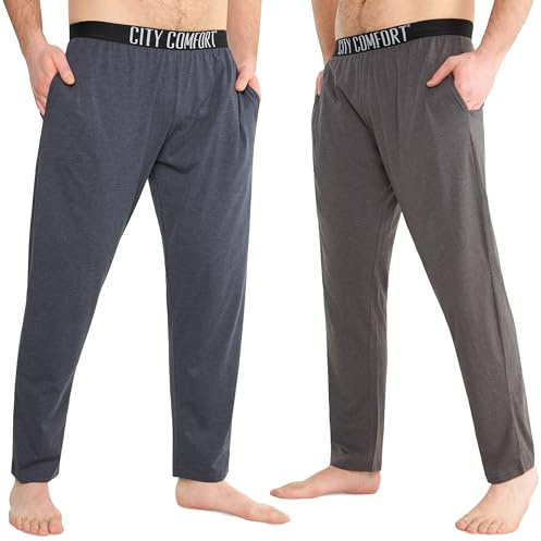 CityComfort Pantalon Pyjama Homme, Pantalons de Détente en Jersey avec Poches, Lot de 2 (M, Navy/Gris, Taille élastiquée)