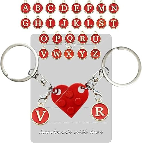 Guidre Heart Keyring, Pack of 2 Personalised Black Key Chains, Partner for Both Keyrings, Couple Gift, Building Block Key Ring, Full A-Z, Red, M
