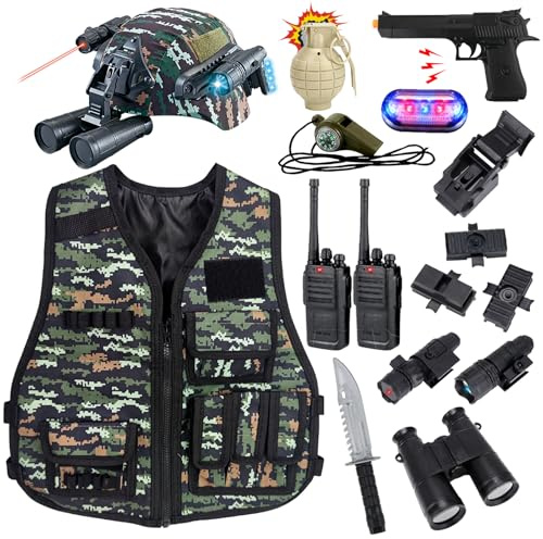 RedCrab Costume di Soldato per Bambini, Costume Militare Bambino Include Elmetto Militare, Gilet Militare, Walkie-Talkie e Altri Accessori, Soldato Gioco di Ruolo Halloween Carnevale Costume