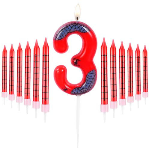 URAQT Birthday Candle 3D Shape, Blue Red Candles with Spider Web, Spider Birthday Number 3 Candle Decoration,Suitable for Spider Theme Birthday Anniversary Wedding Party Graduation Party