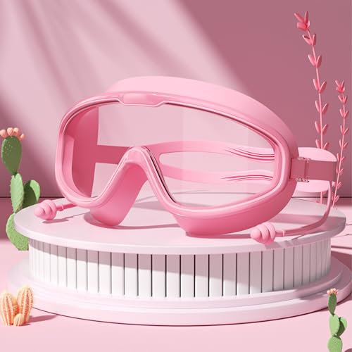shixuanzhi Mikrofaser-Sicherheitsbrillen,Schwimmbrille,Diving Glasses mit Ohrenstöpse,gespiegelte Schwimmbrille Kein Auslaufen Anti,Fog UV,Schutz 180 Grad (Rosa)