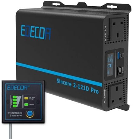 EDECOA 1200W 2000W Pure Sine Wave Power Inverter 2000 Watts DC 12V to 240V AC Car Power Converter 4000W Peak with USB Port Type-C Port, UK Outlets, Remote Controller (12-1200W LED UPDATE)