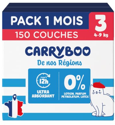 CARRYBOO - Couches Taille 3 (4-9kg) - Saines et Ultra Absorbantes - 12h Anti Fuites - Sans substances indésirables - Fabriquées en France - Prix Accessible - 150 Couches Jetables - Pack 1 Mois