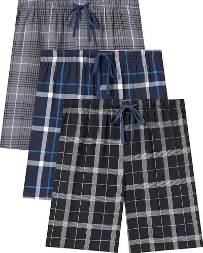 Jveyvth Men's Pajama Shorts Plaid Cotton Lounge Pants Relaxed Fit Drawstring Button Open Fly