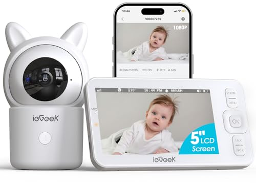 ieGeek 5 Screen Baby Monitor with Camera and Night Vision, 1080P Smart Video Baby Camera, Baby Monitor Long Range with Free APP, Motion&Sound Detection, Temper& Humidity Sensor, Two-Way Talk, PTZ