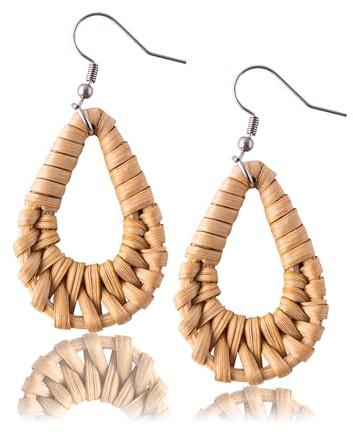 Patterned Teardrop Earrings, Rattan Earrings for Women, Girlie Knitted earrings, Chic Earrings Boho Summer Beach, Natural Handmade Rattan Material, Fashion Accessories DIY Gifts Coworker Friend Mom