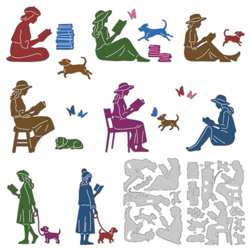 DELORIGIN Reading Women Dogs Cutting Dies Card Making Die Stencil Metal Die Cuts DIY Scrapbooking Embossing Template Dies for Greeting Cards Craft Album Invitation Festive Birthday Photo Album Decor