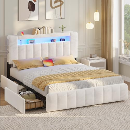 AOGLLATI Polsterbett 140x200 cm mit Stauraum - 4 Schubladen Jugendbett mit LED-Beleuchtung & Ladestation,Doppelbett mit Kopfteil aus Samt Bett 140x200 mit Lattenrost-ohne Matratze,Beige Samt