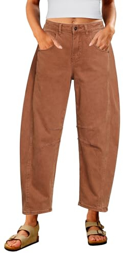 Utyful Barrel Jeans Women's Cropped Baggy Trendy High Waist Distressed Loose Stretch Denim Pants Jeans with Pockets, Caramel, S