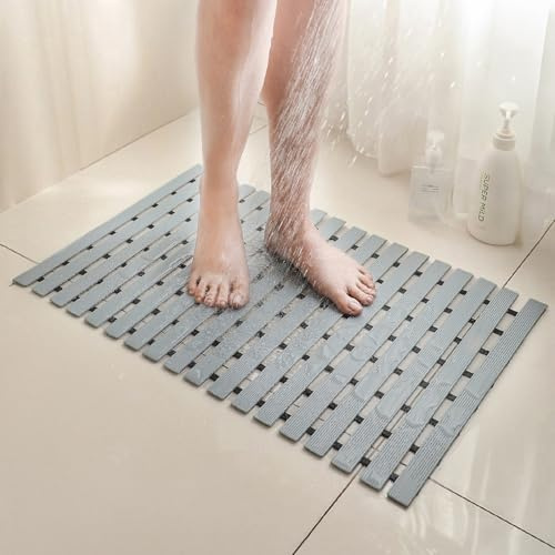 SHIMOYAMA Duschmatte, rutschfest, schimmelabweisend, 67x43cm Badewannenmatte, rutschhemmend, PVC-Badezimmermatte mit schneller Entwässerung mit TPE-Anti-Rutsch-Streifen (Grau)