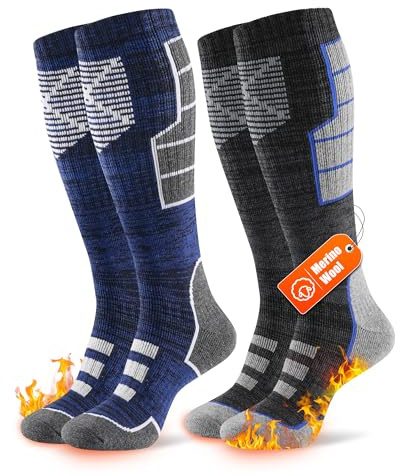 Niofind Merino Calze da sci da uomo e donna, 2 paia, in spugna termica, calde calze invernali, calze da sci traspiranti per tempo freddo, sci, snowboard, escursionismo, caccia, 47-50
