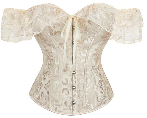 Corset Blanco Talla Grande Corsé Vintage con Cordones Clásico Flores Corse Pirata Chaleco Medieval de Encaje Bustier Moldeador Elegante Corpiño Renacentista Halloween Carnava Cosplay Fiesta S-6xl
