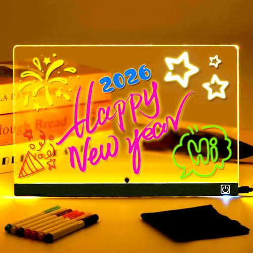 LED Zeichentafel UPGRADE mit Ein/Aus-Schalter, Super Leicht zu Reinigen & Upgradierter Ständer - Transparente Acryl Maltafel mit 7 Neon-Stiften, 30x20cm, Kreatives Geschenk für Kinder