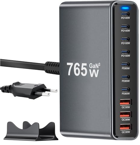 765 W Chargeur USB C Multiple, Station de Charge PD 140 W 100 W 65 W, Chargeur Rapide à 10 Ports Chargeur GaN-III Compatible avec MacBook, iPad, iPhone séries 16/15/14, Galaxy S22/ S20,Dell, HP