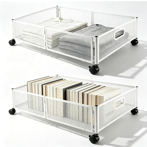 Ghligna 2 Pack Under Bed Storage with Wheels - Foldable Metal Underbed Storage Containers for Clothes, Shoes and Blankets - Large Rolling Under Bed Storage Drawer for Bedroom Organization, White