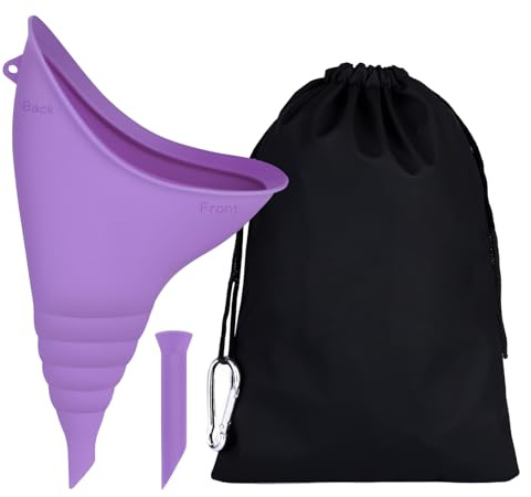 Urinella for Women, Reusable Urinal Women for Urinating Standing or Squatting, Silicone Portable Foldable Women's Urinal with Extension Tube, Bag for Outdoor Activities, Camping (Purple)