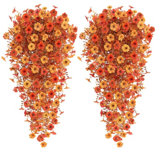 4 Bundles Autumn Artificial Flowers Outdoor, 77cm Artificial Hanging Plants | UV-Resistant Autumn Fake Flowers Decorations, 2 Color Silk flowers, Faux plants for Hanging Baskets Front Door Garden Planter