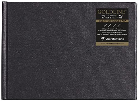 Clairefontaine 34248C Carnet Cousu Goldline - 64 Feuilles Papier Dessin Blanc - A6 10,8x14,8 cm 140g - Format Paysage - Couverture Rigide Noire Imitation Toile