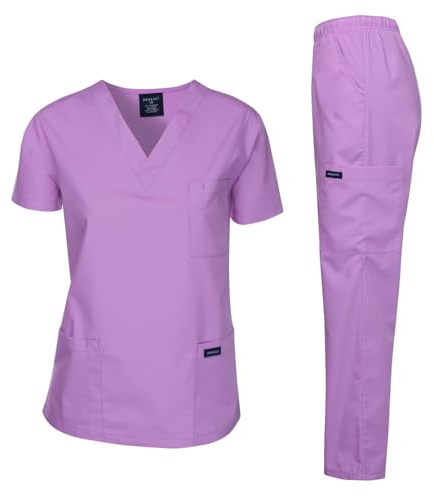 Dagacci Scrubs Medical Uniform Women and Man Scrubs Set Medical Scrubs Top and Pants, Lavender, XS