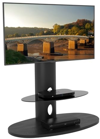 AVF Wood Column TV Stand - Affinity Chepstow Oval Combi Floorstand Unit, upto 65 & 45kg -Universal VESA Mount - Swivel & Height Adjustable - Grained Black with Black Glass Shelf