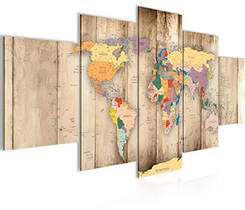 Runa Art - Väggmålningar World Map Trä 200 x 100 cm 5 Delar XXL Väggdekoration Design Böjning 108751a