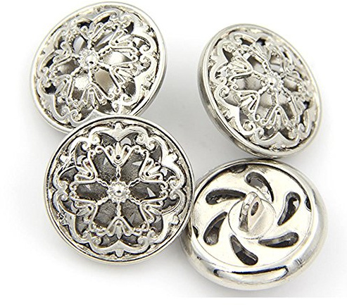 Botón de ropa de 10 piezas – Forma Hollow Flower Metal Shank Round Shaped botón de metal (20 mm, plata)